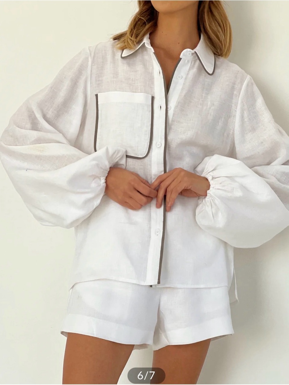 Commense White cotton and Linen Two-Piece short Set with Contrast Piping XS - Picture 3 of 5